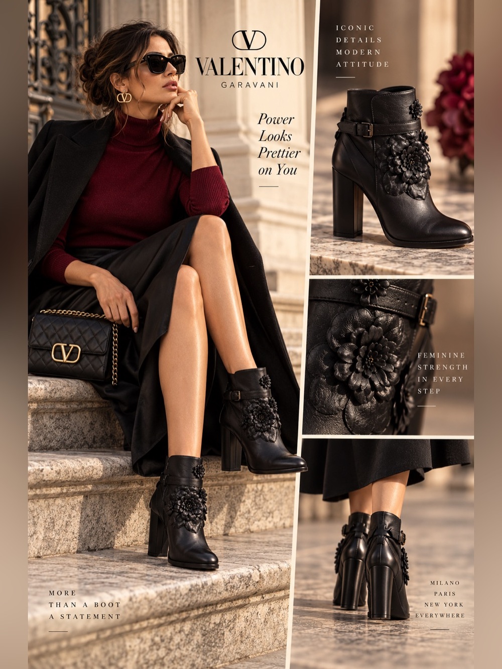 Valentino Garavani Black Leather Floral Applique Ankle Boot